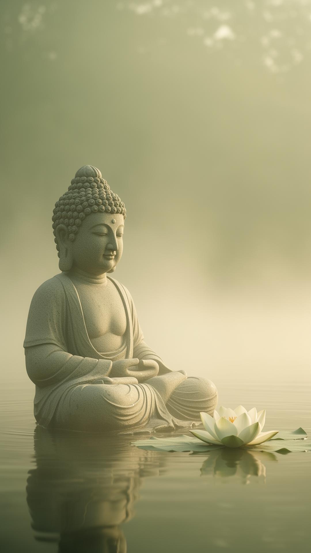 Stone Buddha at peace beside a single lotus